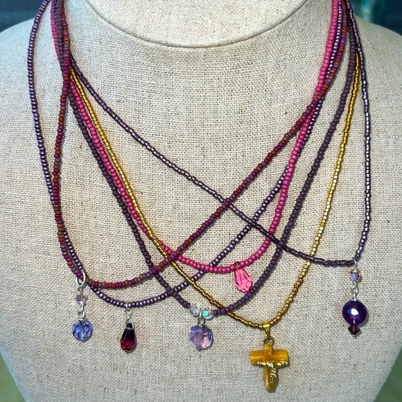 Lot of Six Seed Bead Handmade Necklaces with Small Dangles - Picture 1 of 4